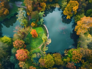 Poster - Aerial View of Autumn Forest with Lake and Bridge