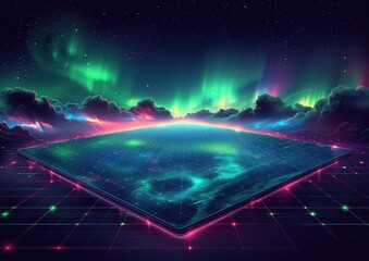 Wall Mural - Futuristic Digital Landscape with Glowing Geometric Platform Under Vivid Northern Lights in a Sci-Fi Night Sky Setting