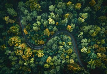 Poster - Aerial View of Winding Road Through Forest