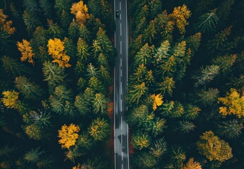 Poster - Aerial View of Road Through Autumn Forest