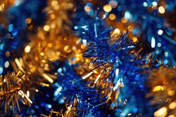 Canvas Print - Golden and blue tinsel shining bright creating a festive christmas background