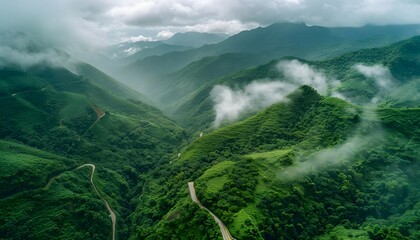 Canvas Print - Aerial View Winding Road Misty Mountains