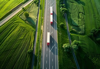 Wall Mural - Aerial View of Trucks on Highway Through Green Fields