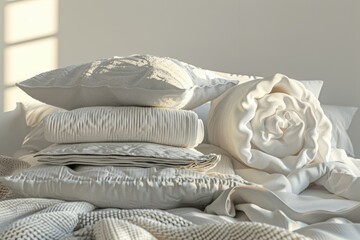 A minimalist bedroom with soft, white bedding and pillows, illuminated by natural light.