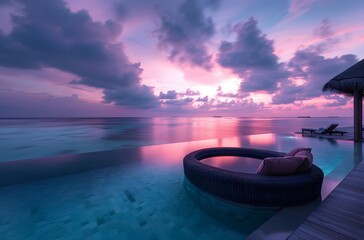 Canvas Print - Maldives Sunset Pool Deck with Round Bed