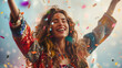 © otter2 - A photograph of a jubilant woman with arms raised, confetti surrounding her, in a stylish outfit. The background is a light