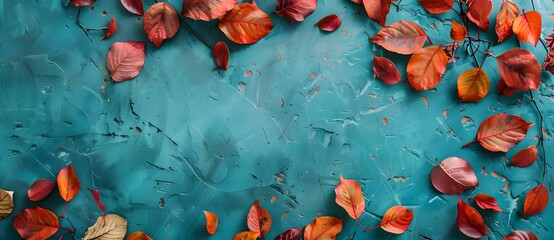 Wall Mural - Autumn Leaves Banner Teal Background