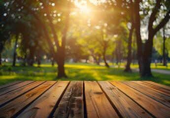 Poster - Wooden Tabletop In Sunny Park With Blurred Background