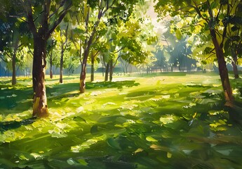 Poster - Impressionist Painting of Sunlit Green Grass Park