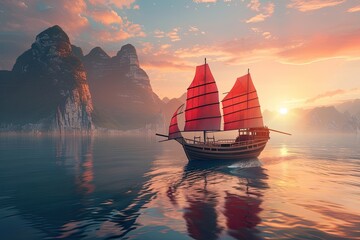 Wall Mural - A red-sailed ship glides through calm waters under a stunning sunset sky.