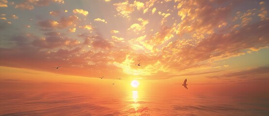 Poster - Golden Sunset Sky with Birds Flying