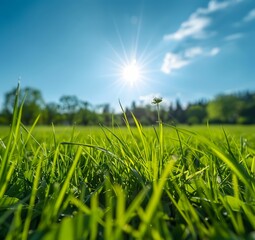 Wall Mural - Sunny Spring Meadow with Green Grass and Blue Sky