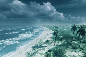 Wall Mural - Dramatic coastal landscape with palm trees and stormy clouds.