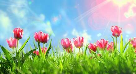 Poster - Spring Meadow with Pink Tulips and Sunny Sky