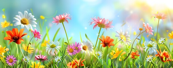 Canvas Print - Colorful Spring Meadow with Daisies and Green Grass