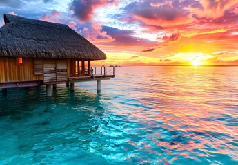 Poster - Overwater Bungalow Sunset in French Polynesia