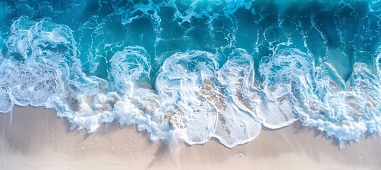 Sticker - Aerial View of Ocean Waves Crashing on White Sand Beach