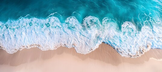 Poster - Aerial View of Turquoise Ocean Waves Crashing on White Sandy Beach