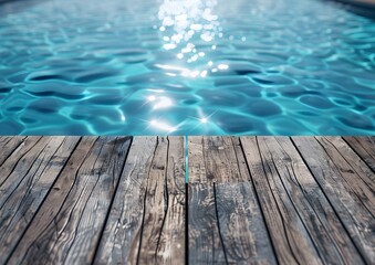 Canvas Print - Wooden Deck Overlooking Blue Swimming Pool