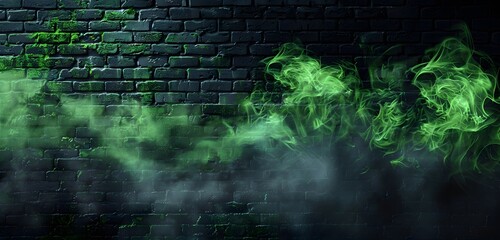 Wall Mural - Green Glowing Mist on Brick Wall Background