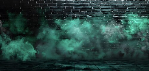 Poster - Green Glowing Mist and Brick Wall Background