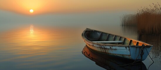 Wall Mural - Sunrise Reflection Over a Lonely Boat