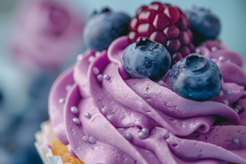 Sticker - Delicious muffin decorated with blueberries and blackberries and purple cream cheese frosting