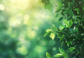 Wall Mural - Green Bokeh Background with Sunlight and Leaves