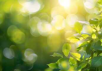 Wall Mural - Abstract Green Spring Bokeh Background with Leaves