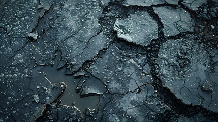 Wall Mural - Texture of damaged asphalt road surface, cracked asphalt road with hole and water from rain in, close up 