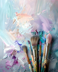 Close-up of assorted paintbrushes on a canvas with pastel abstract paint strokes, perfect for art and creativity themed projects.