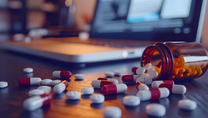 Close-up of spilled pills from a bottle on a table with a laptop in the background, representing medication and technology.