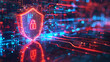 © sornram - Futuristic cybersecurity shield protecting data on a digital network with bright blue and red lights and circuits in the background.