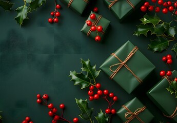 Sticker - Christmas Gift Boxes with Holly Berries on Green Background