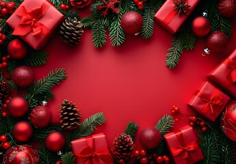 Poster - Red Christmas Background With Gifts And Ornaments