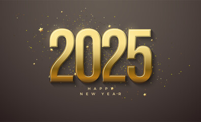 Wall Mural - Happy new year 2025 gold 3d embossed. With shiny numbers with dark black shadows. Premium vector design for banners, posters, newsletters and other purposes.