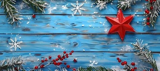 Poster - Festive Blue Wood Christmas Background with Red Star