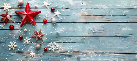 Poster - Christmas Wooden Background With Red Star