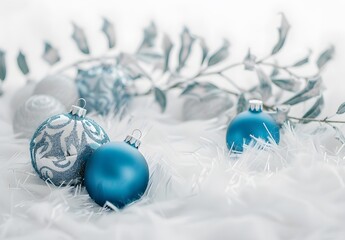 Wall Mural - Blue Christmas Ornaments on White Fur with Silver Leaves