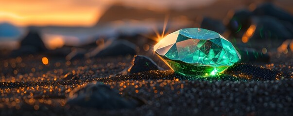 Poster - Emerald Diamond on Black Sand at Dusk