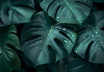 Wall Mural - Close-up of Dewy Monstera Leaves in Brazil