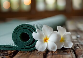 green yoga mat with white frangipani flowers