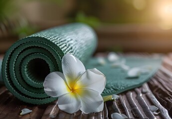 Green Yoga Mat with Frangipani Flower on Wooden Table