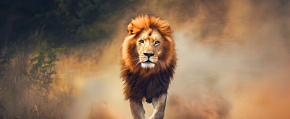 Wall Mural - powerful and majestic lion running across a dirt road kicking up a cloud of dust and smoke in its wa