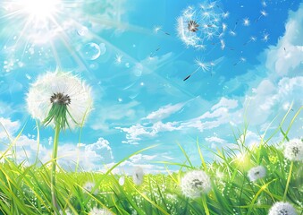 Poster - Dandelion Seeds Blowing in the Wind on Sunny Day