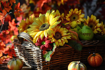 Sticker - Basket of Sunflowers and Mini Pumpkins Amidst Autumn Leaves, Highlighting the Vibrant Thanksgiving Spirit