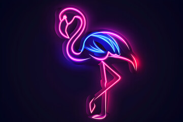 Wall Mural - Neon pink flamingo silhouette isolated on black background.