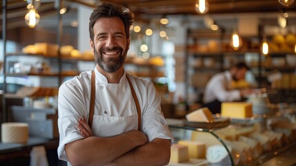 portrait of smiling bearded man standing in front to cheese counter with arms crossed