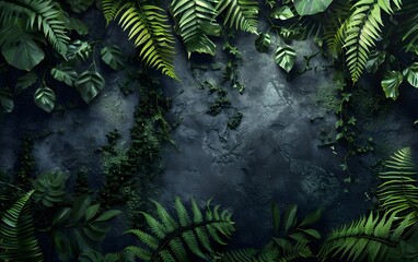 Canvas Print - Dark Green Ferns and Leaves on a Stone Wall