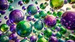 © DigitalArt Max - Vibrant purple and green oil spheres suspended in mid-air, glistening bubbles floating against a pristine white background, mesmerizing abstract scene.